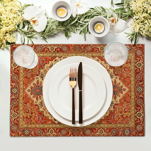 Giwawa Boho Ethnic Placemats Set of 4 Vintage Orange Brown Retro Flower Decorative Linen Table Place Mats 12"x18" Rustic Country Style Floral Place Mats Heat Resistance for Kitchen Dining Farmhouse - color: Boho Ethnic