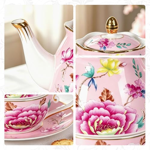 KAMMAK Tea for One Set, Ceramic Teapot, Bone China Tea Set, Cup and Saucer - color: Pink-GH9