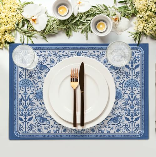 Blue Floral Boho Placemats Set of 4, 12x18 Inch Vintage Chinoiserie Block Print Place Mats Seasonal Spring Summer Rustic Farmhouse Table Mats for Party Kitchen Dining Outdoor Indoor Decor - color: Boho Floral Blue