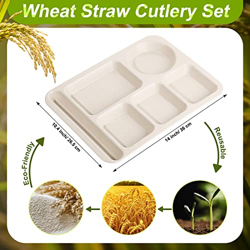 Pinkunn 12 Pcs 14'' Large Divided Plates Unbreakable Wheat Straw Lunch Trays 6 Compartments Cafeteria Trays Microwave Dishwasher Safe Food Separator Plates (Beige) - color: Beige