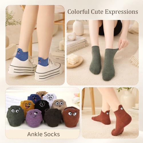 10 Pairs Cute Kawaii Embroidered Low Cut Ankle Socks - color: Muted Neutral Wide-eyed Face