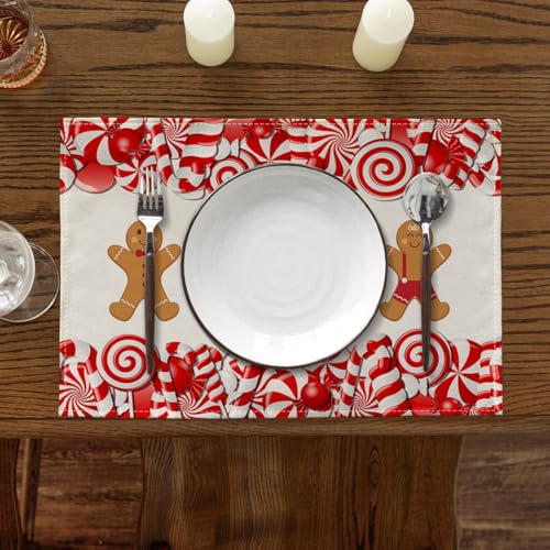 Ansouyi Placemats Set of 6, Christmas Candy Cane and Gingerbread Man Washable Heat Resistant Linen Table Mats, Kitchen Decor Non-Slip Place Mats for Party Dining, 12x18 Inch - color: Gingerbread