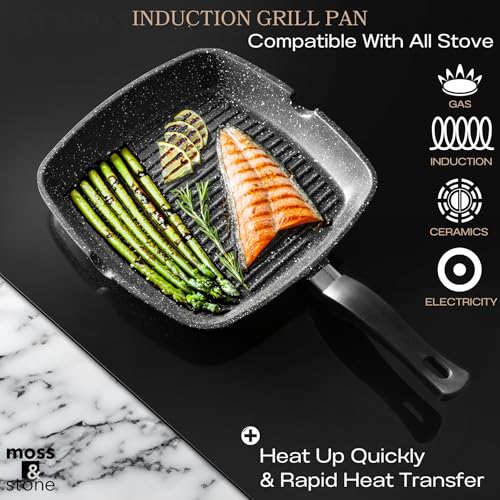 Moss & Stone Grill Pan for Indoor Cooking, 11" Nonstick Square Grill Pan - style: Square Grill Pan Regular Handle Design
