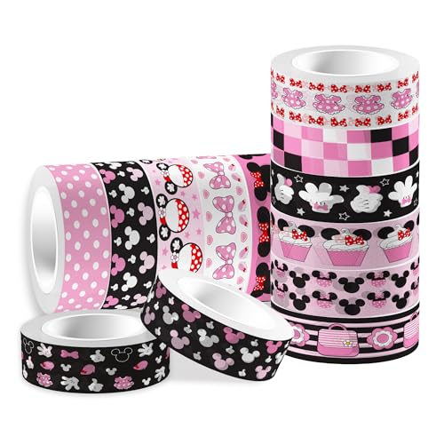 12 Rolls Cartoon Mouse Washi Tape Set - 0.6 Inch x 16.4 Ft Each, Pink Cute Mouse Design Decorative Paper Tape for Scrapbooking, Gift Wrapping, DIY Crafts & School Supplies