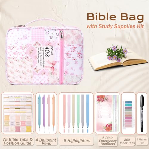 XKDOUS Bible Cover Case for Women Bible Bag Journaling Kit w/Study Supplies - color: Canvas Pink Patchwork, size: Large