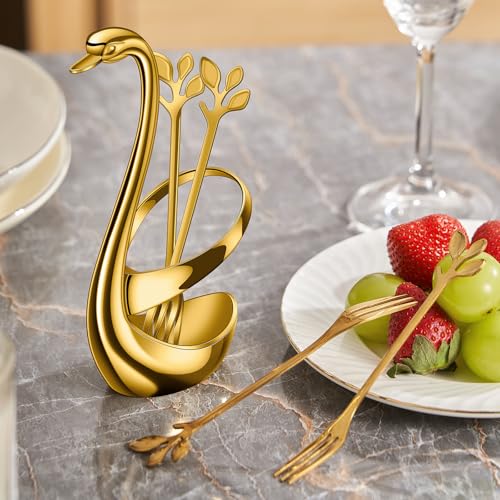 AnSaw Gold Swan Base Holder Set with 10 Pcs 4.7" Mini Leaf Spoons & Forks - color: Gold Swan
