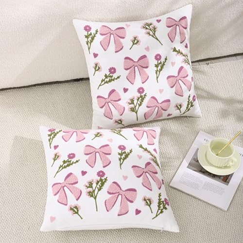 LUOYEHK Spring Embroidered Pillow Covers 18x18 Inch Set of 2 Decorative Throw Pillow Cover Pink Bow and Flower Soft Cushion Case Square Pillowcase for Couch Sofa Bed Living Room - color: Bow