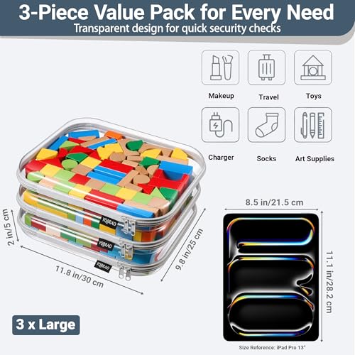 YQBRAO Clear Hard Shell Zipper Cases, 3 Large Travel Organizers, Grey - color: Grey, size: 3 Pack(L)