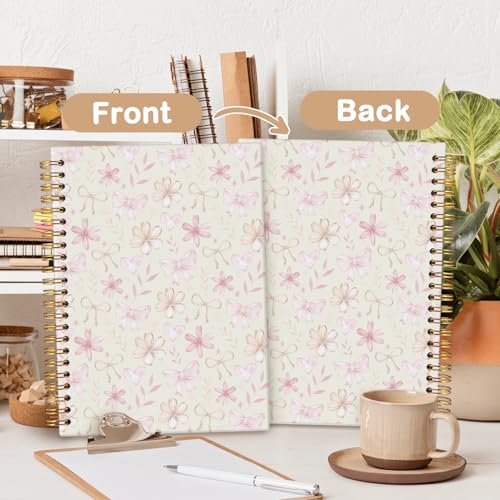 MOFUYU Cute Notebook for Girls,Coquette Bow Hardcover Spiral Notebook - color: Yellow bow(pink)