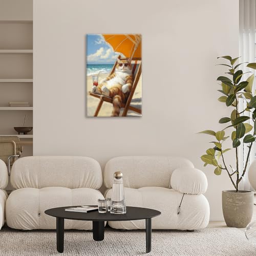 Funny Cat Beach Wall Art Cute Cat Ocean Canvas Wall Decor Coastal Kitten Pictures Paintings Prints Seaside Artwork Framed Seascape Decorations For Bathroom Bedroom Living Room Office Gifts 16" x 24" - color: Beach Cat, size: 24"L x 16"W
