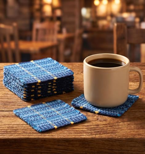 8 Pcs Cloth Coasters for Drinks, Blue Coasters Handcrafted Cotton Coastal Farmhouse Table Decor for Coffee, Tea & Cocktails, Housewarming Gift