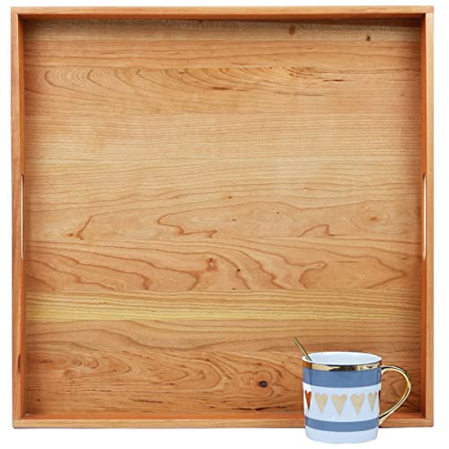 19"x 19" Large Cherry Wood Square Ottoman Serving Tray with Handles - color: Cherry Wood