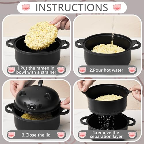 1 Set Large 45oz Cute Pig Ramen Bowl Set Microwavable Cooker, Black - color: Black