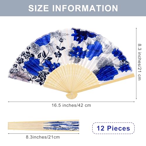 durony 12 Pieces Floral Folding Fans Silk Bamboo Handheld Fans Vintage Handheld Fan Flower Patterns Fabric Fans for Wedding Gifts, Dancing, Party Favors, Multicolor