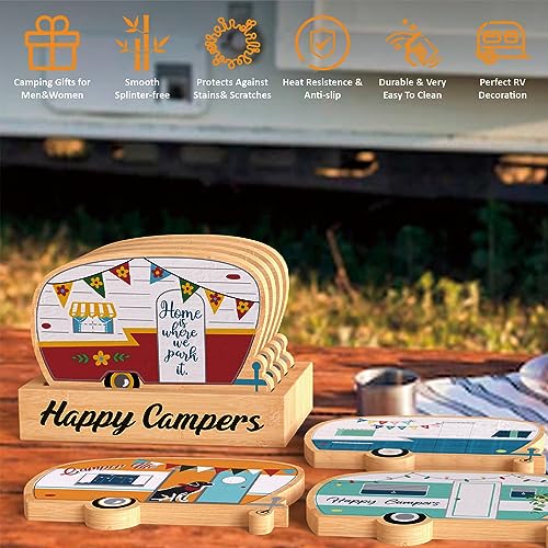 Wood Drink Coasters Set of 4, Happy Camper Cute Coasters with Holder - color: Red