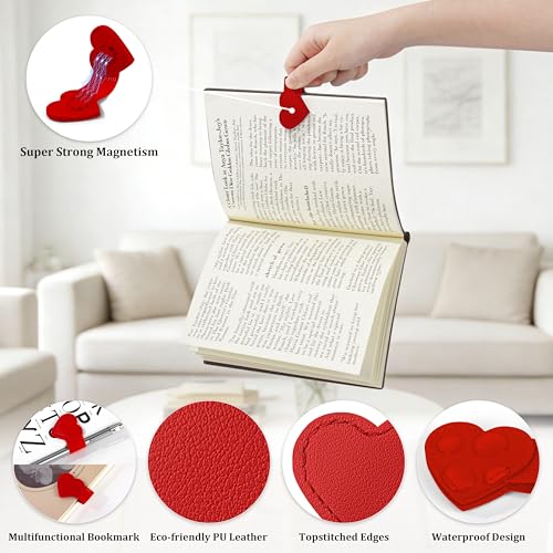 2Pcs Magnetic Leather Bookmarks with Pen Holder Gift Box, Heart-Shaped Magnetic Book Marks for Book Lover Readers Cute Leather Bookmark for Women Girls (Red) - color: Red