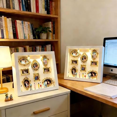 DIY Mini Gold Frames Silhouette Box, Upgrade Shadow Box , 10x10 Inch, with 8 Vintage Gold Mini Frames and 8 Handcrafted Figurines, for Anniversary, Wedding, Birthday and Home Decor (Wood Colour) - color: Wood Colour