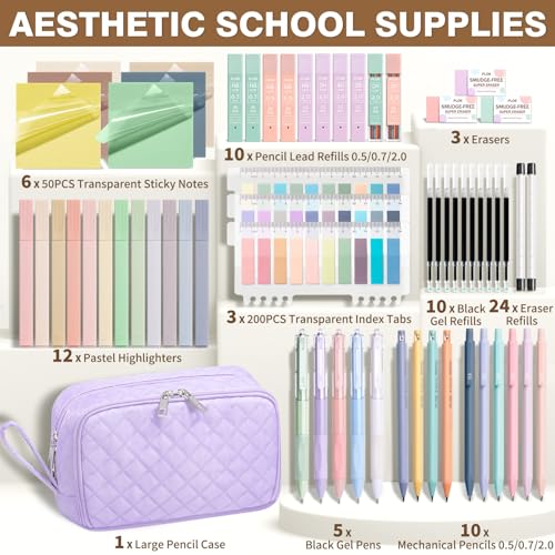 62PCS Aesthetic Back to School Supplies w/ Cute Pencil Case Stationary Set - color: Purple