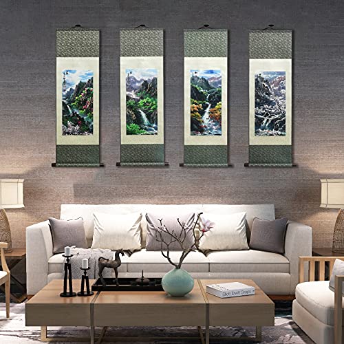 AtfArt Silk Scroll Painting, Asian Wall Art, Spring Landscape, 36.2x12in - color: F1(Spring)