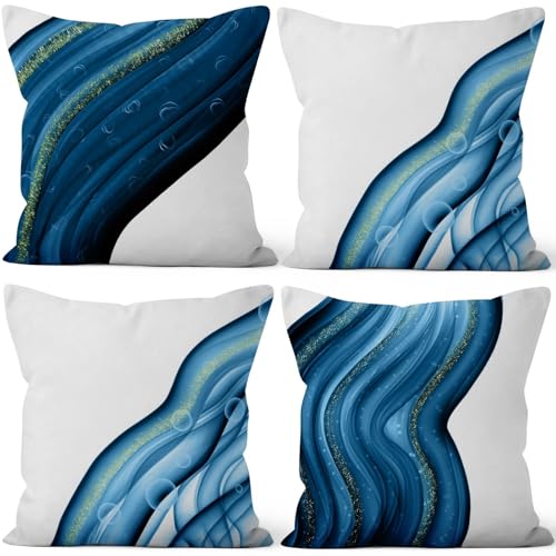 Abstract Fluid Throw Pillow Cover Blue Ocean Art Natural Luxury Gold Sequins Halo Modern Aesthetic Linen Square Cushion Covers for Outdoor Couch Sofa Bedroom Home Car 26x26 Inch Set of 4 - color: Blue, size: 26" x 26" (Pack of 4)