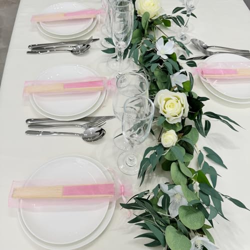 50pcs Paper Hand Fan with Organza Bags Bamboo Handheld Folding Fan DIY Decorative Wedding Party Favors (Pink) - color: Pink