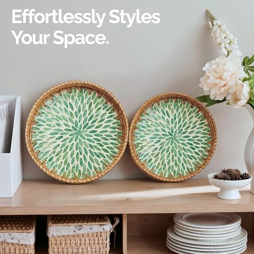 JUNGLE CULTURE Round Rattan Tray with Mother of Pearl Inlay • Everglade 12” - color: Everglade, size: 11.8"
