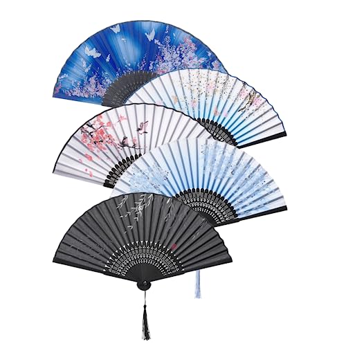 QIRMIZI 5 Pieces Handheld Fans - Elegant Silk Folding Fans with Bamboo Frames,Hollowed Fringe Foldable Fan, Handheld Fan Foldable for Wedding, Party, Gifts, Wall Decoration,02