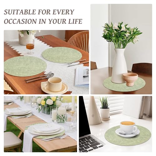 13" Round Placemats Set of 6, Reversible Faux Leather Wipeable Table Mats - color: Light Green