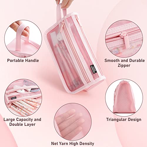 Four Candies Grid Mesh Pencil Case, Clear Double-layer with Handle (Pink) - color: Pink