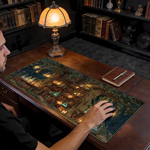 Desk Mat Large Mouse Pad Magical Tree Gaming Desk Pad, Extended Keyboard and Mouse Mat XXL, Computer Mats for Desktop Full Desktop Laptop Mat, Anime Dark Academia Office Desk Decor 31.5x15.7 Inch - color: Enchanted Forest Library