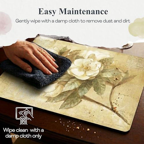 Pimpernel Sugar Magnolia Collection Placemat Set – (15.7" x 11.7") Cork-Backed Table Mats with Lacquer Finish, Heat & Stain Resistant, Decorative Dining Mats & Surface Protectors for Kitchen & Home - size: 15.7" x 11.7" Rectangular, style: Sugar Magnolia