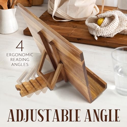 Acacia Cookbook Stand for Kitchen Counter – Adjustable Wooden Recipe Book Holder for Cookbooks, Recipe Binders & Tablets | Foldable Wood Book Stand with Bamboo Phone Holder | Gift-Ready Kitchen Set