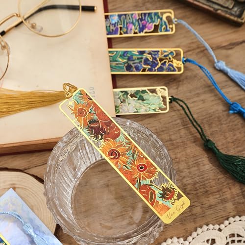 4 Pieces Metal Bookmarks with Tassel, Golden Hollow Bookmark Oil Painting Theme Book Mark Bookmarks for Book Lovers Writers Readers Children Teens Men Women Adults - style: 4Pcs Flowers