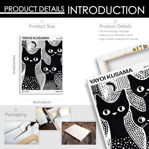 Cute Black Cat Poster Japanese Yayoi Kusama Wall Art 08x10 inch Framed Trendy Animal Canvas Prints for Bedroom Dorm Wall Decor Cat Lover Gifts - color: Trendy 5-WFramed, size: 10"L x 8"W