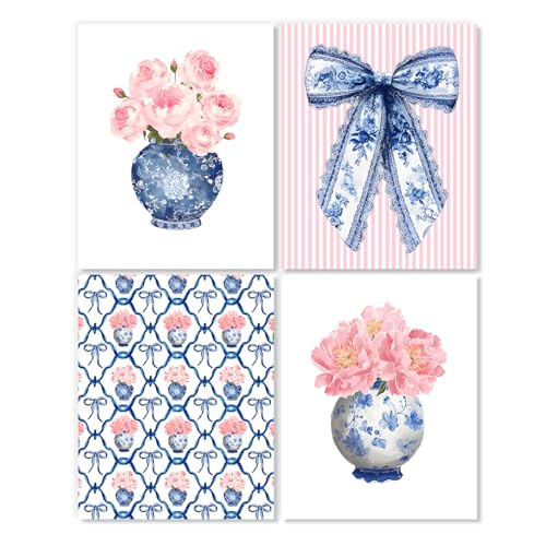 LUKIPOM Chinoiserie Pink Hydrangea Wall Art Poster, Coquette Blue Bow Grandmillennial Floral Wall Decor Gifts for Women Teen Girls Home Bedroom Living Room，12x16in Set of 4 Unframed - color: Color 007