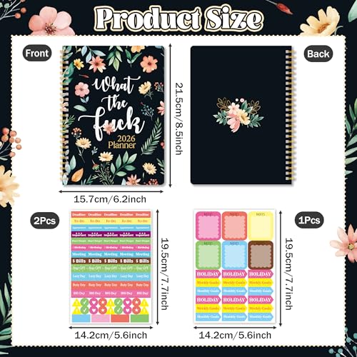 Xqumoi 2026 A5 Planner - What The Fuck Weekly and Monthly Planner Floral Writing Notebooks, Jan. 2026 - Dec. 2026, Hardcover Calendar with Tabs Stickers Back Pocket Twin-Wire Binding - color: Wildflower 2026, size: A5