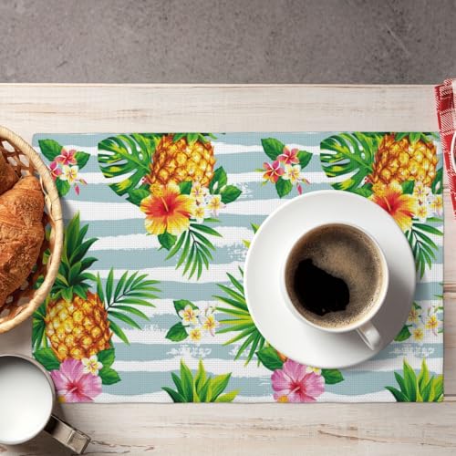 Summer Pineapple Palm Leaves Placemats Set of 4 12x18 Inch - color: Blue White Yellow, size: Set of 4