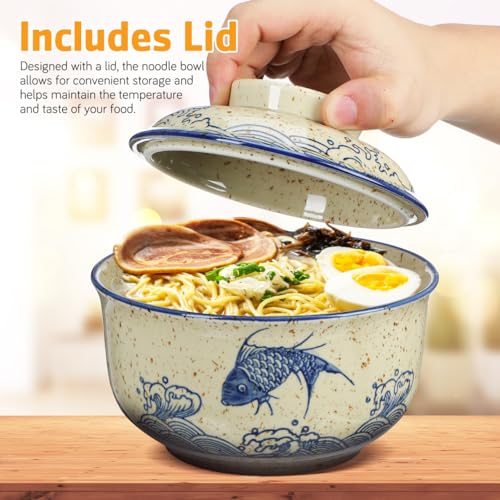 CALLARON 26 oz Ceramic Ramen Bowl Set of 2 with Lids, Spoons and Chopsticks