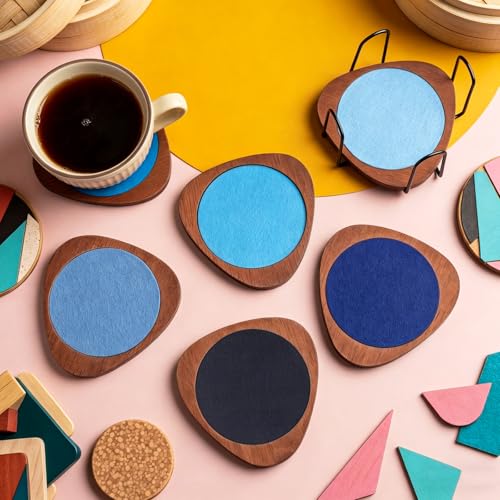 Newtay 6 Pcs Mid Century Modern Coasters Wood Absorbent Coaster,Blue - color: Blue