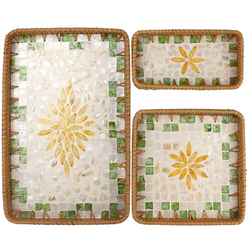 Rectangle Rattan Serving Tray with Mother of Pearl Inlay, Handmade Wicker Coffee Table Basket for Fruit Bread Food Tea Party Picnic Table Kitchen Home Boho Decor 3 Sizes (Yellow Flower) - color: Yellow Flower