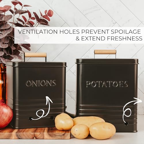 Beautiful Potato and Onion Storage Container Set - Food Safe Metal Bins - color: Black