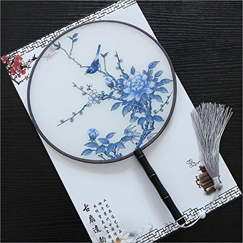 Seres Classic Round Fan,Wood Fan Rib&Semi-Transparent Silk Cloth,10+ Optional Patterns,Diameter 8.3in,团扇 (3.Bird on Blooms) - color: 3.Bird on Blooms