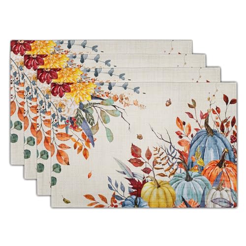 Giwawa Fall Thanksgiving Placemats Set of 4 Watercolor Autumn Pumpkins Floral Linen Table Mats 12x18 Inch Washable Heat Resistance for Kitchen Dining Farmhouse Holiday Decor - color: Fall