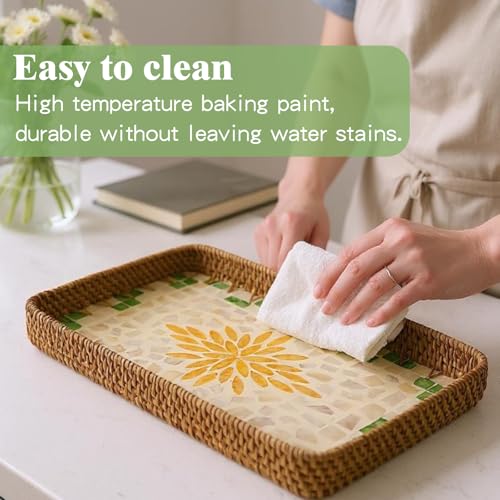 3 Pcs Rectangle Rattan Mother of Pearl Inlay Shell Decorative Serving Tray - color: Yellow Flower