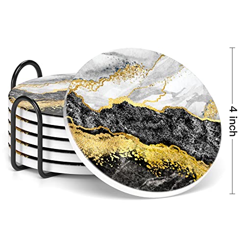 Coasters for Drinks, Set of 6 Cute Absorbent Ceramic Drink Coasters - color: White Black Gold Marble