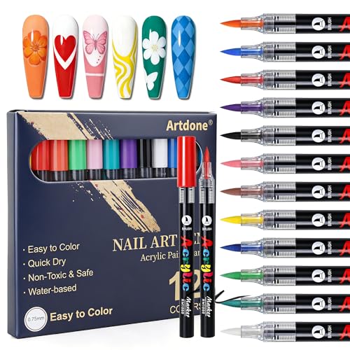 Artdone 12 Colors Nail Art Pens Set, 3D Quick-Drying Acrylic Paint Markers Nail Point Graffiti Dotting Drawing Liner Brush for DIY Gel Nail Polish Design Manicure Tools - color: 12 Colors Marker Pen Set