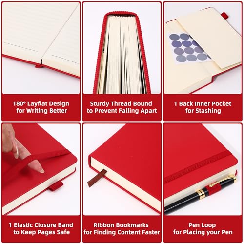 BOBO RABBIT Lined Journal Notebook for Work 100 GSM Thick Paper 300 Pages College Ruled A5 Notebook Hardcover Leather Journal for Writing School Office, 5.63"x8.43" - color: A-Red