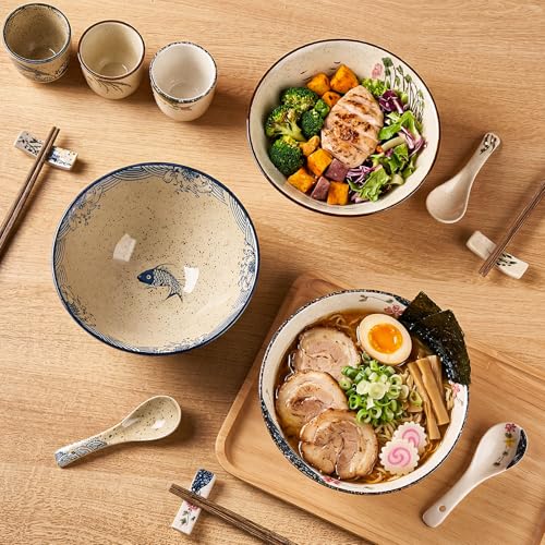 40 OZ Ceramic Ramen Bowl Set with Spoons, Chopsticks and Rests