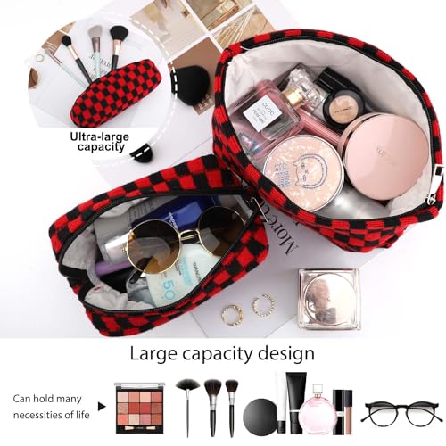 EIMMBD Makeup Bag 3 Pieces Large Capacity Checkered Cosmetic Bags Travel Toiletry Bag Organizer Cute Makeup Pouch Storage for Women(Red & Black) - color: Red & Black