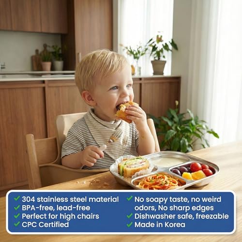 Korean Stainless Steel Divided Plates for Toddlers & Kids, Non-Toxic, 2PK - size: 4 Compartments